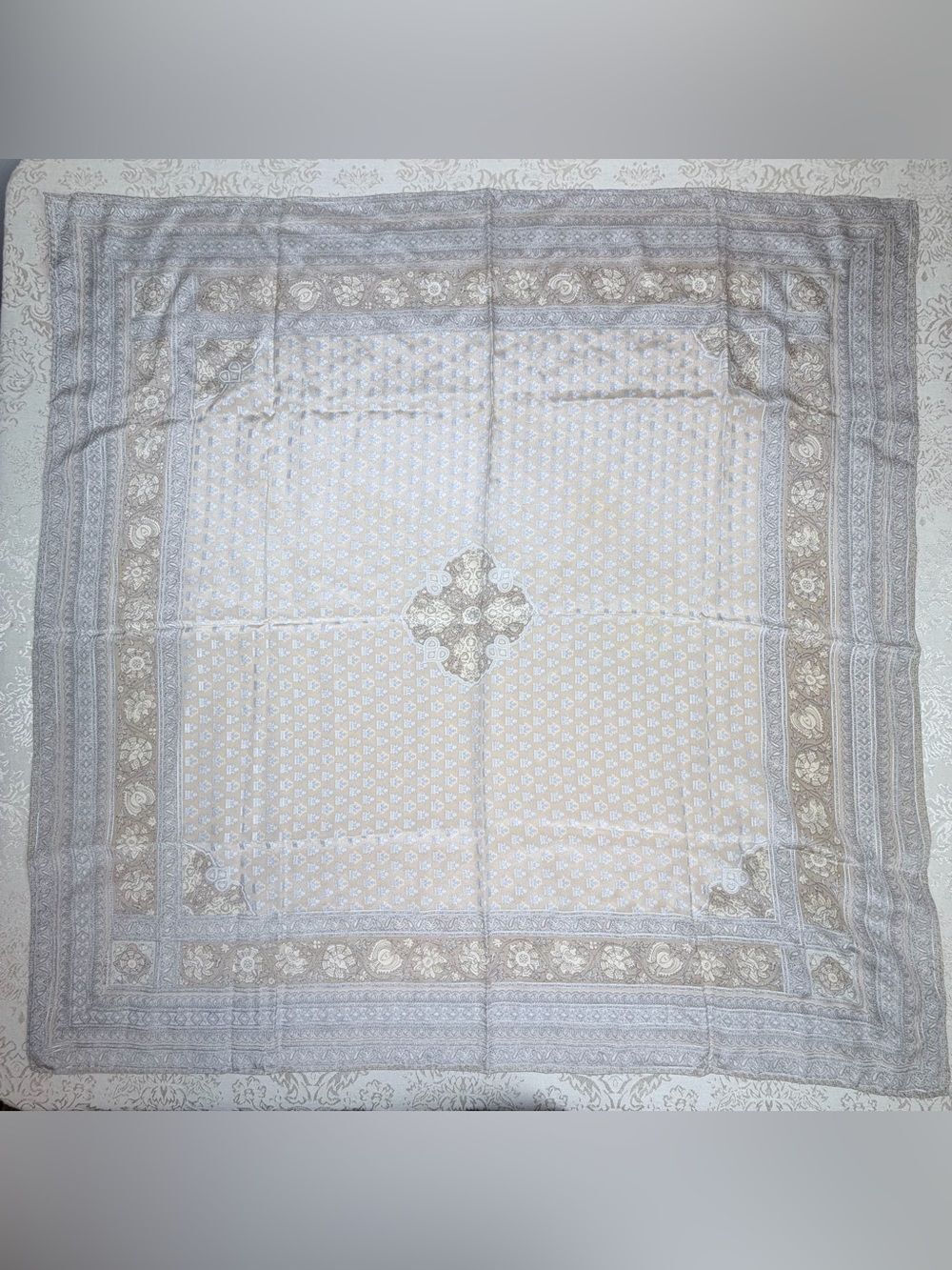 Liz Claiborne Cream/Gold and Gray/Silver Silk Scarf, Japan, Vintage, 30x30”